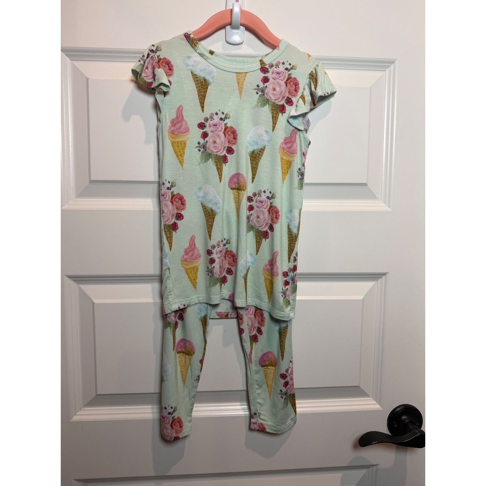 Posh Peanut Girls Mint Floral Ice Cream Bamboo Ruffle Pajama Set 5T